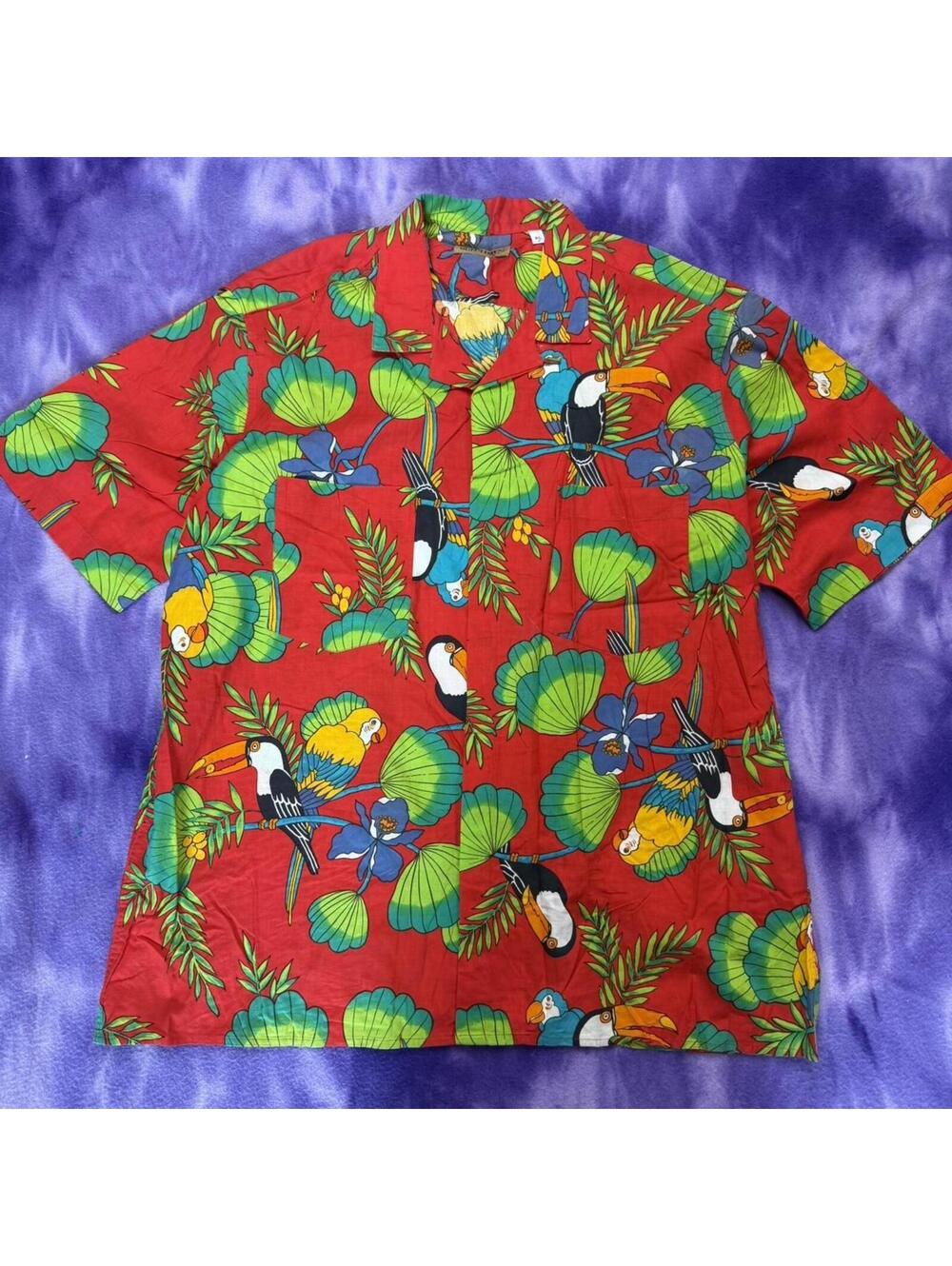 Ruff Hewn Tropical bird and leaf print red dress shirt